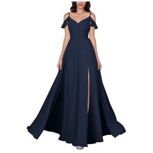 Pleated Ruffle V Neck Dress Long Chiffon Slit  (Navy Blue)